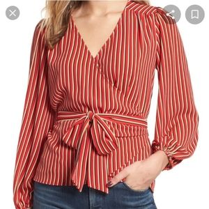 Hinge Nordstrom Womens Red Striped Wrap Blouse Top Long Sleeve Size XL